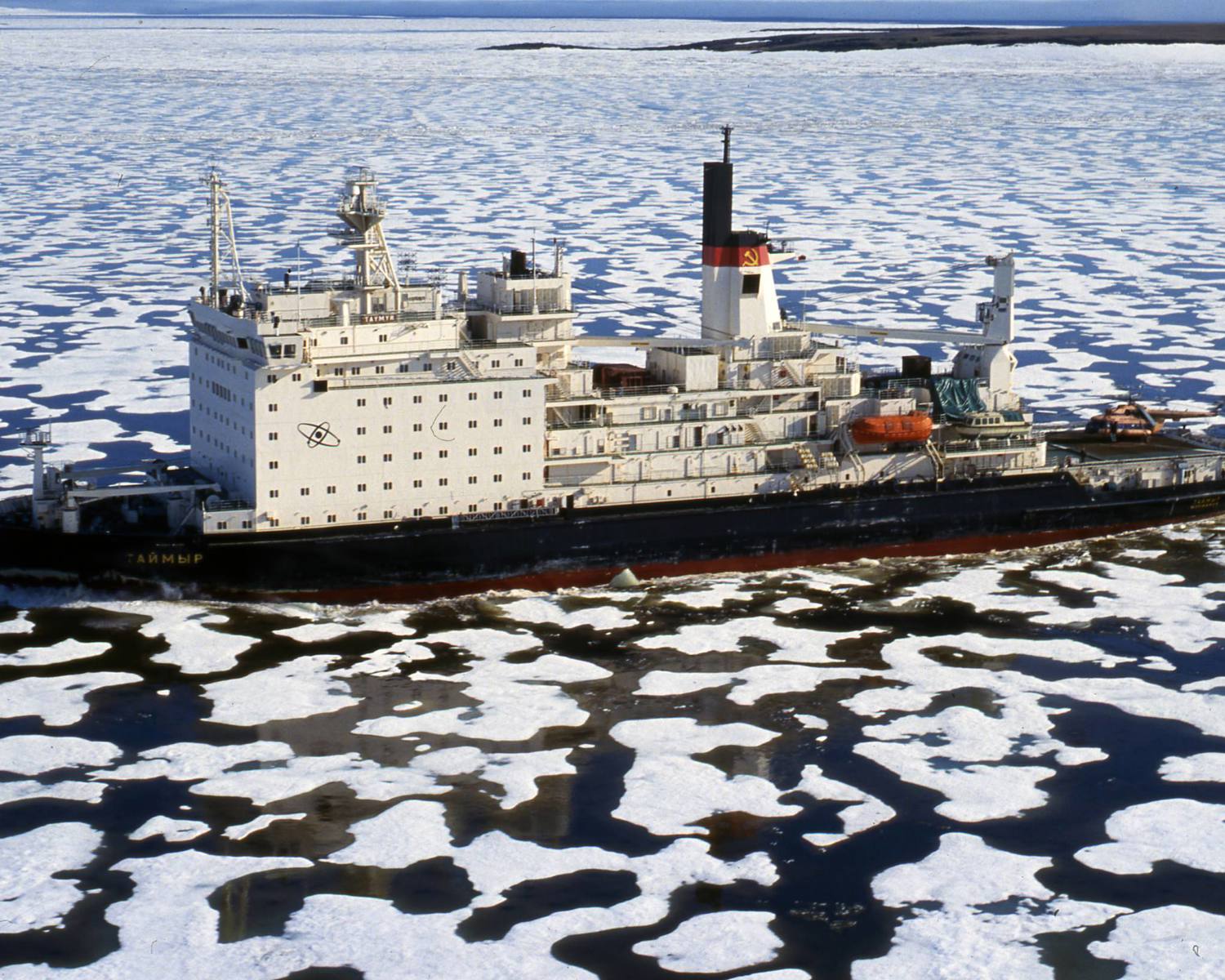 Nuclear icebreaker "Taymyr" operating in sea ice North of Dickson, Taymyr, Russia