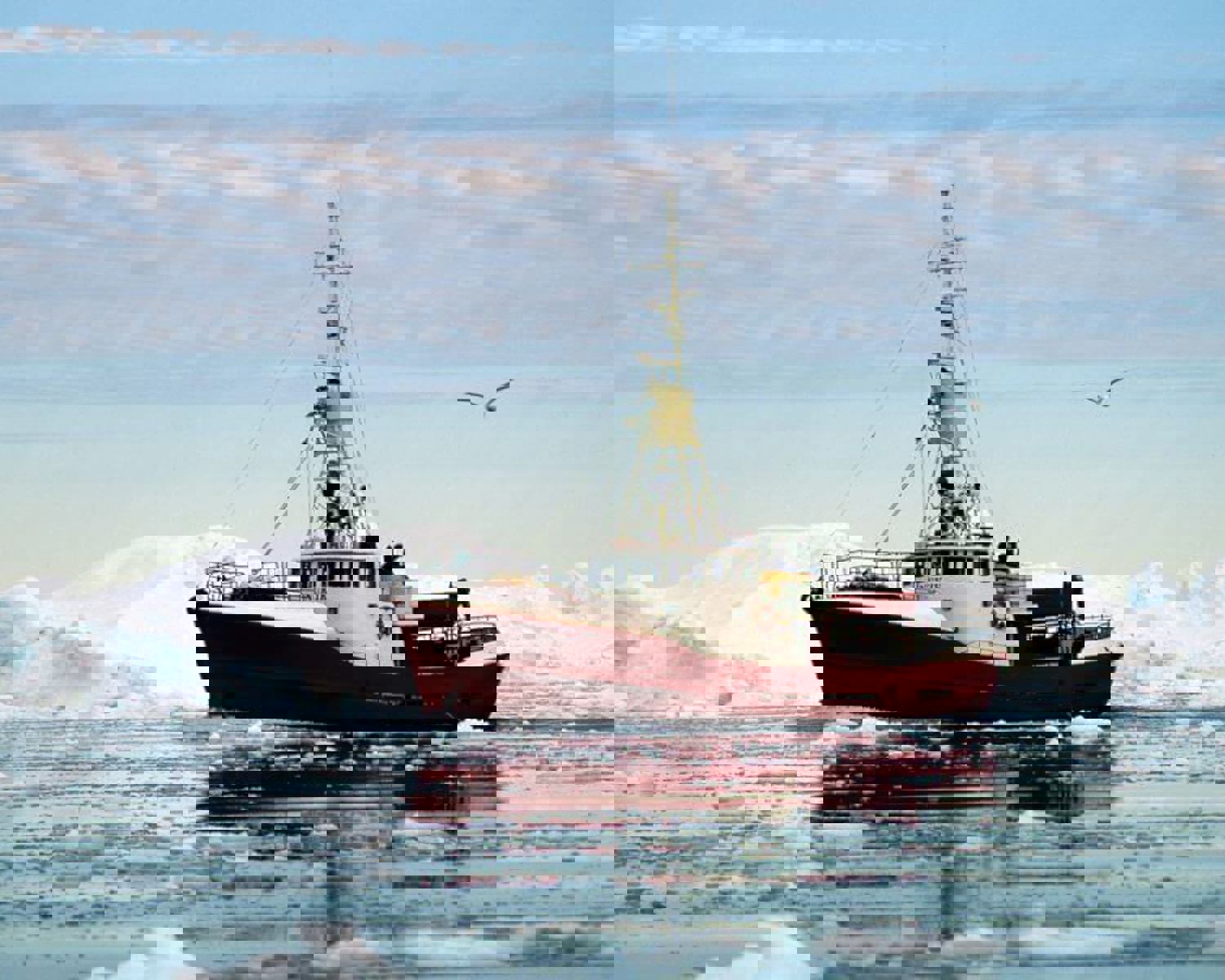 Fishing boat in between icebergs, Disco Bay, Greenland